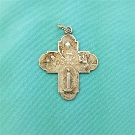 Sterling Silver Catholic Scapular Medal 4 Way Cross Gem