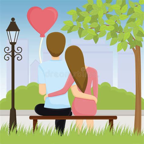 Couple Sitting On Bench And Hug Each Other Vector Illustration