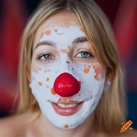 Blonde Woman With Freckles Wearing A Red Clown Nose Getting Covered In