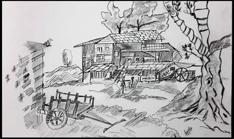 Barsha's painting: Village scene, ink-n-pencil on A3 size sketchbook