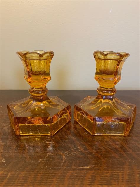 Amber Fostoria Coin Glass Candlesticks Candle Holders Pair Of Etsy