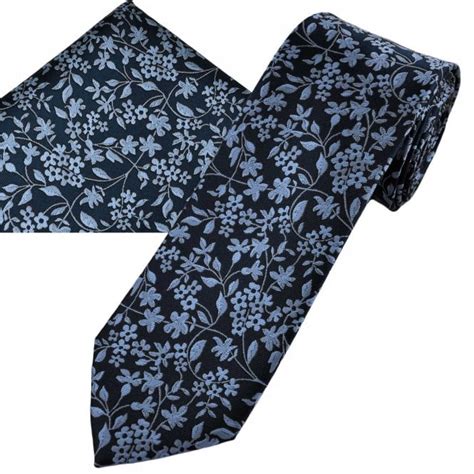 Navy Blue Light Blue Flower Pattern Men S Tie Hanky Set From Ties