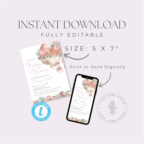 Pink Hot Air Balloon Baby Shower Invitation Editable Template Pink Baby Shower Invite Printable