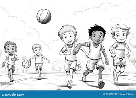 Coloring Pages for Kids. Kids Playing Basketball with Friends Stock ...