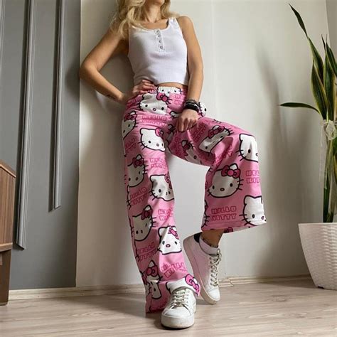 Y2k Hello Kitty Cat Wide Leg Sweatpantskawaii Pyjamacartoon Bottom