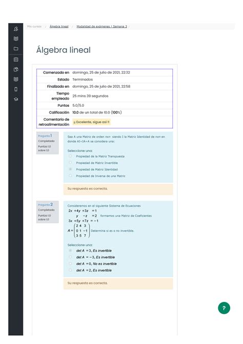 Exámen Semana 3 Revisión del intento Álgebra lineal Pregunta 1