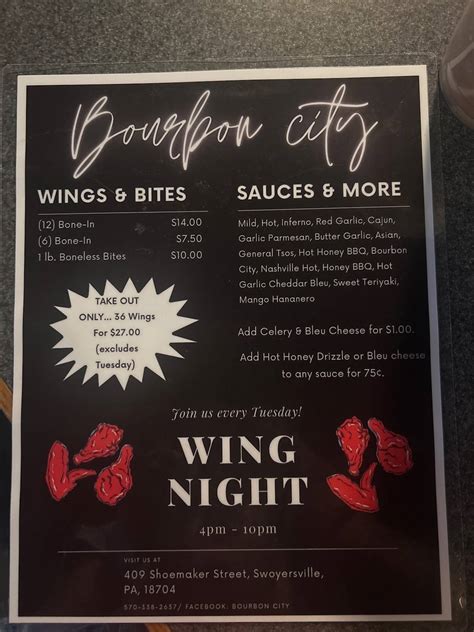 Menu at Bourbon City pub & bar, Swoyersville