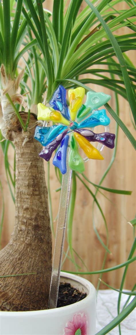 Garden Stake Flowers Fused Glass Garden Stakes Decor Flower Etsy