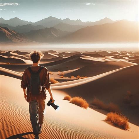 A Man Walks Through The Desert With A Camera On His Back Premium Ai