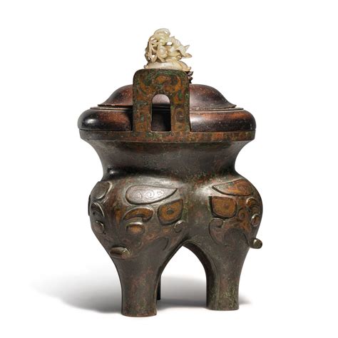 An Archaistic Copper Inlaid Bronze Tripod Censer Ding Ming Dynasty