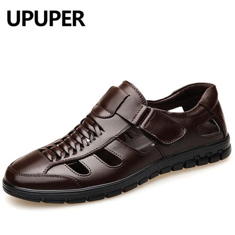 Business Men Sandals Summer Genuine Leather Dress Shoes Men Black Brown Hollow Hole Breathable