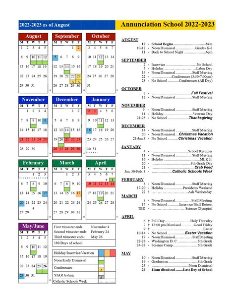 School Year Calendar 2022 2023 Annunciation Catholic School Of