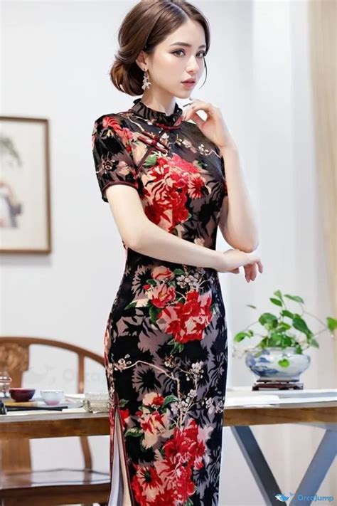 Orcajump Elegant Floral Satin Cheongsam With Mandarin Collar And