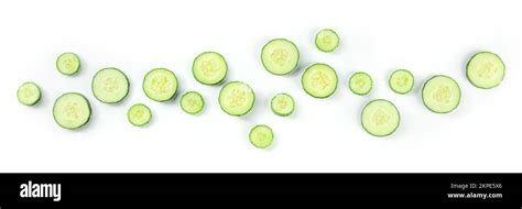 Fresh Cucumber Slices On A White Background Panorama Overhead Flat Lay