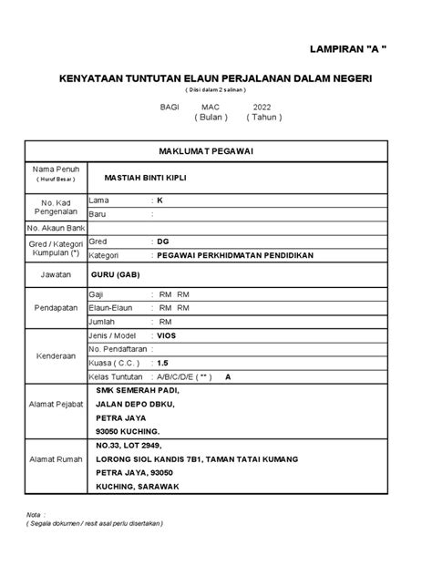 Lampiran A Kenyataan Tuntutan Elaun Perjalanan Dalam Negeri Pdf