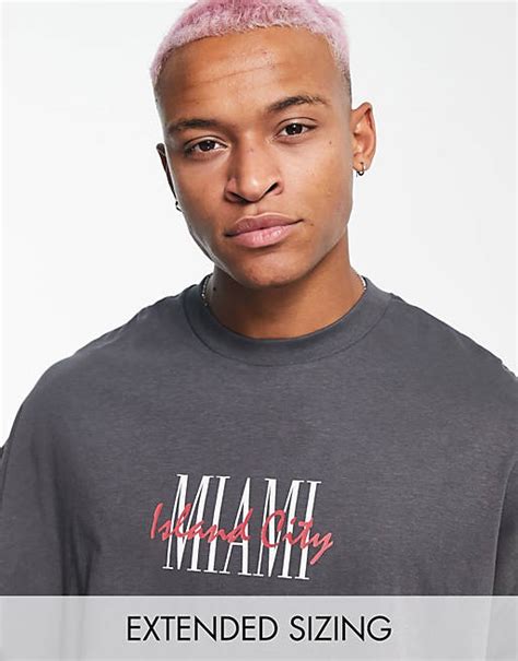 Asos Design Oversized T Shirt In Dark Grey With Miami City Print Asos