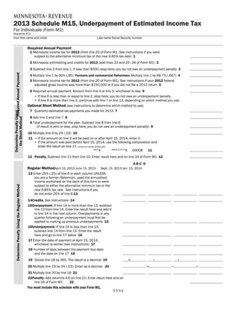 Fillable Schedule M15 Underpayment Of Estimated Income Tax