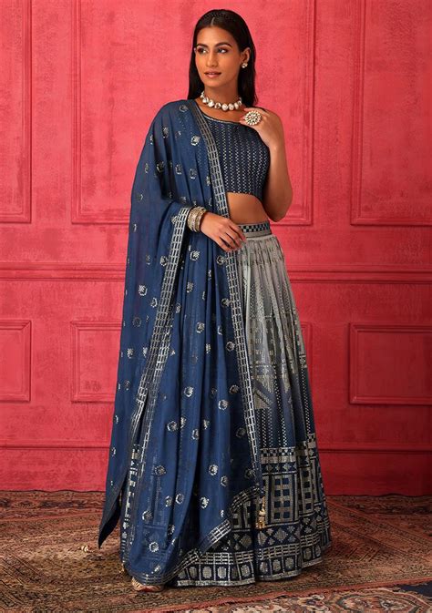 Buy Women Blue Lehenga Set With Sequin Embroidered Blouse And Dupatta