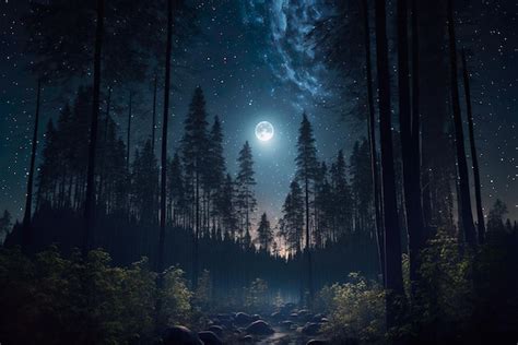 Una Vista Del Bosque Con Cielo Estrellado Luna Y Rboles Altos Ia