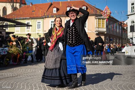 People In Traditional Slovenian Carnival Costumes Of The Through