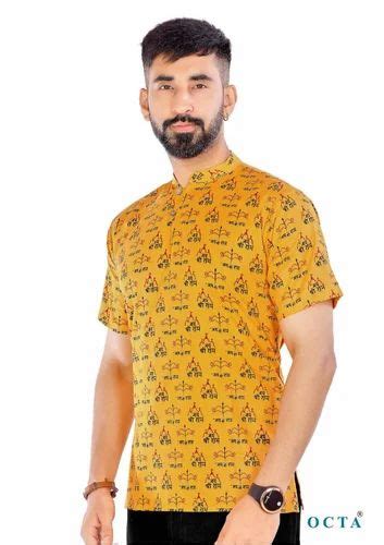 Yellow Printed Cotton Short Kurta At Rs Men Cotton Kurta In