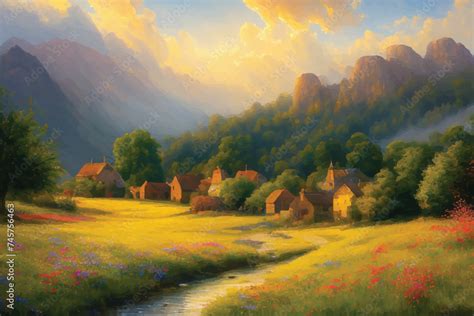 A rustic village scene, bathed in the ethereal glow of a heaven. Oil ...