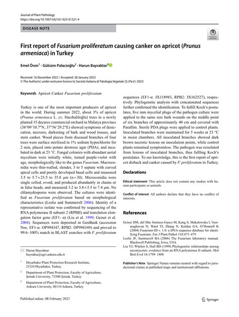 PDF First Report Of Fusarium Proliferatum Causing Canker On Apricot