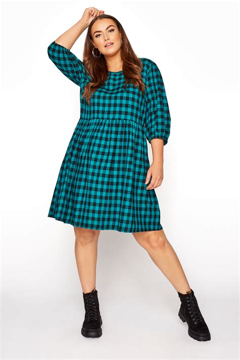 Plus Size Teal Gingham Peplum Dress Yours Clothing