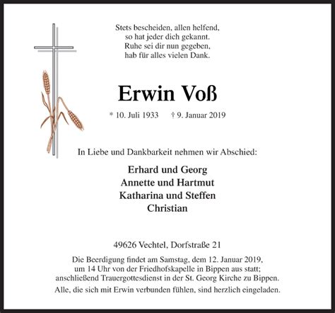 Traueranzeigen von Erwin Voß noz Trauerportal