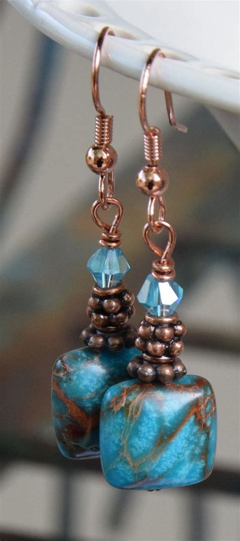 Blue Imperial Jasper Gemstone Beaded Dangle Earrings With Antique