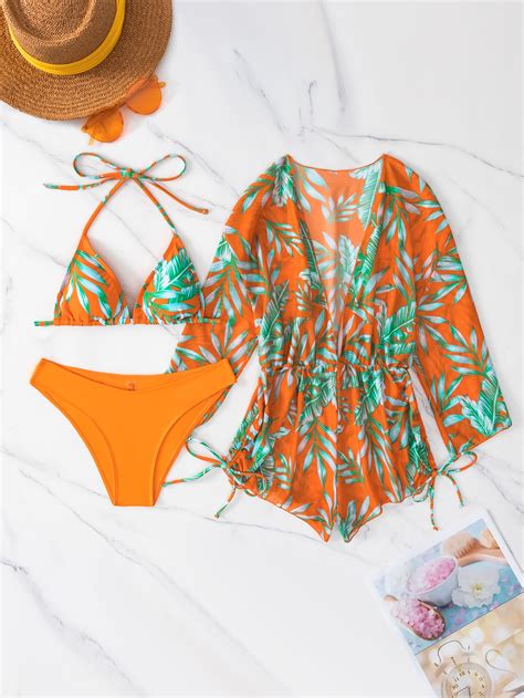 3 piezas Bañador bikini al azar con estampado tropical halter con