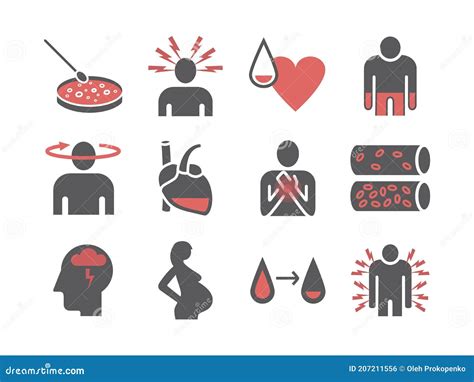 Symptoms Of Anemia Iron Deficiency Diagnosis And Treatment Of Anemia Icons Set Stock