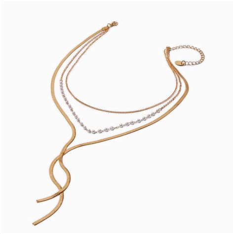 Gold-tone Pearl Multi-Strand Chain Necklace | Claire's US