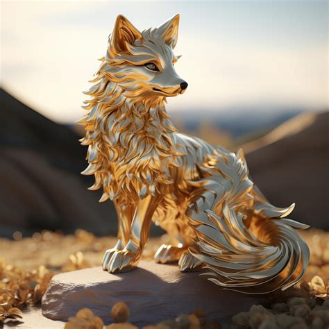 Premium AI Image | Golden Fox Statue Sitting at Stone