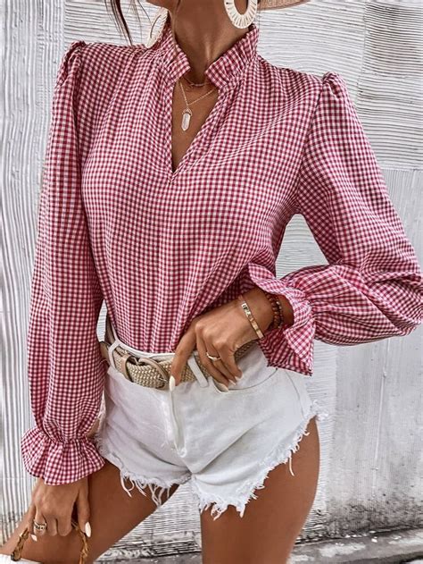 Shein Frenchy Gingham Flounce Sleeve Frilled Neck Blouse Blusas Estilosas Roupa Xadrez