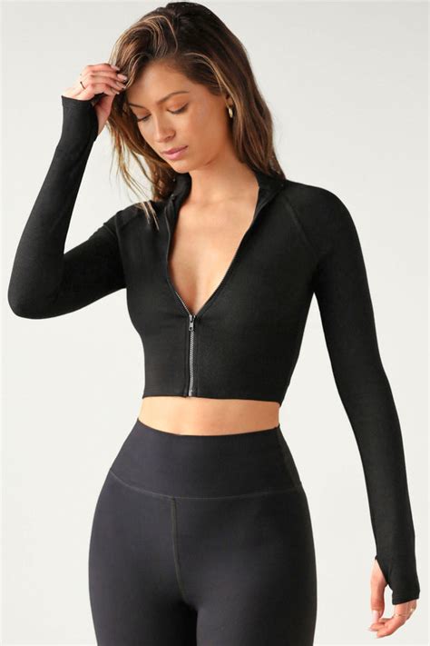 Joah Brown Crop Zip Long Sleeve Black Flex Rib Shopsundayschool