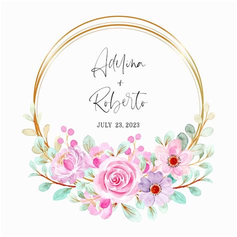 Premium Vector Pink Purple Floral Wreath Watercolor With Golden Frame