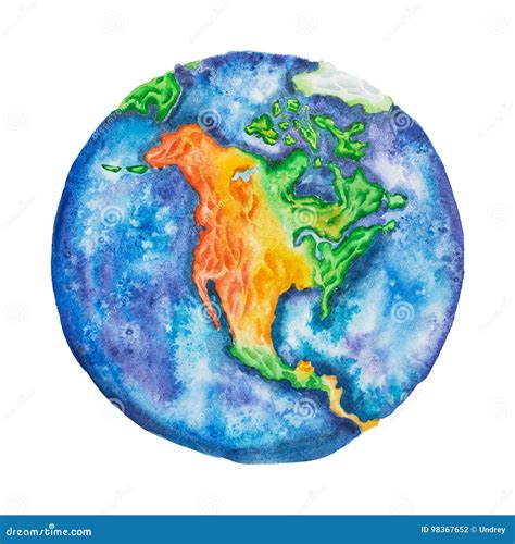 Globe North America On Planet Earth Hand Drawn With Watercolor