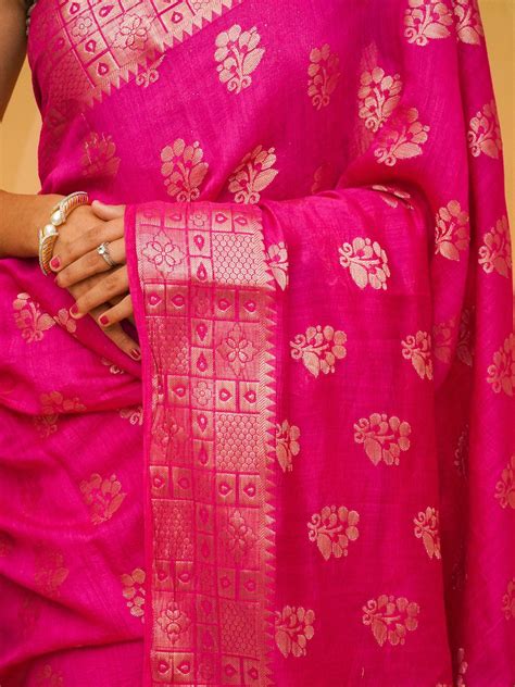 Pink Peacock Pure Munga Silk Banarasi Saree With All Over Floral Butta