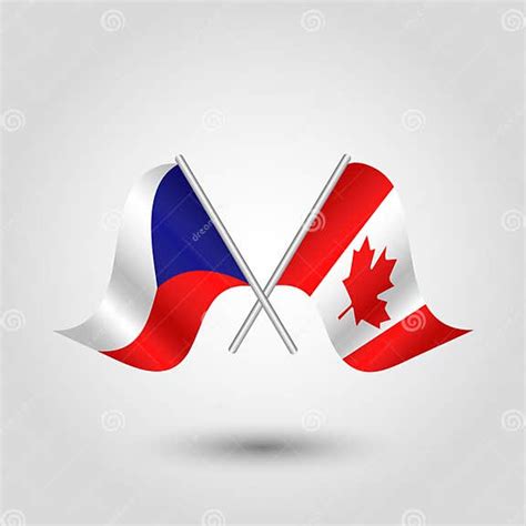 Vector Waving Triangle Two Crossed Czech And Canadian Flags On Slanted Silver Pole Icon Of