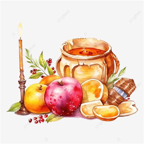 Rosh Hashanah Symbols Horizontal Greeting Banner With Honey Jar Menorah Shofar Horn And