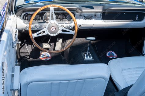 Snohomish, WA, USA - 25 September 2022. Interior of blue Ford Mustang ...