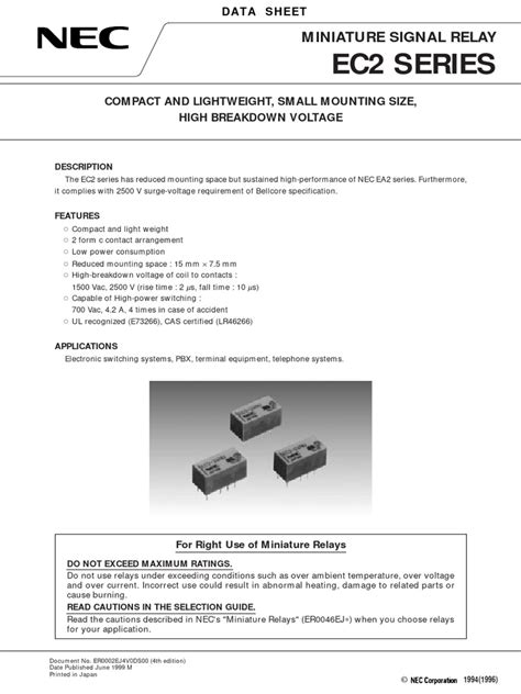 Nec Ec2 Relay Datasheet Retroamplis Pdf Relay Inductor