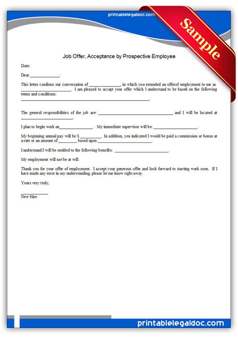 Free Printable Job Offer Acceptance By Employee Form Generic