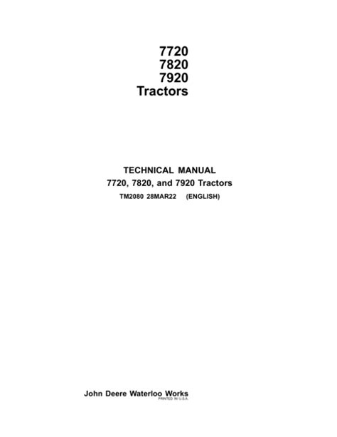 John Deere 7720 7820 7920 Tractors Service Repair Manual Tm2025 And Tm2080