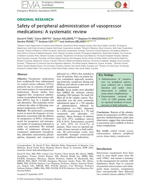 Pdf Initiation Of Vasopressor Infusions Via Peripheral Versus Central