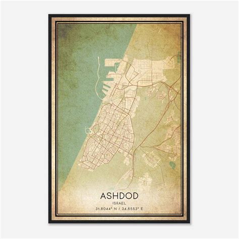 Vintage Ashdod Israel Map Poster, Ashdod City Road Wall Art Print