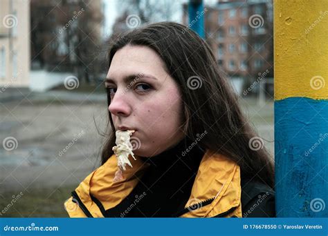 Hungry Girl Is Eating Fast Street Junk Food Stock Photo Image Of