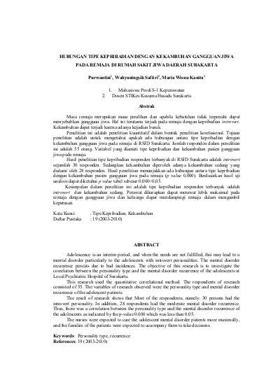 HUBUNGAN TIPE KEPRIBADIAN DENGAN KEKAMBUHAN GANGGUAN JIWA PADA REMAJA