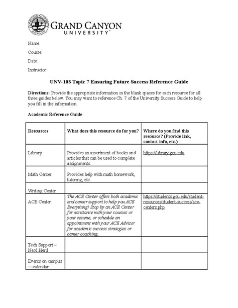 Reference Guide Topic 7 Name Course Date Instructor UNV 103 Topic